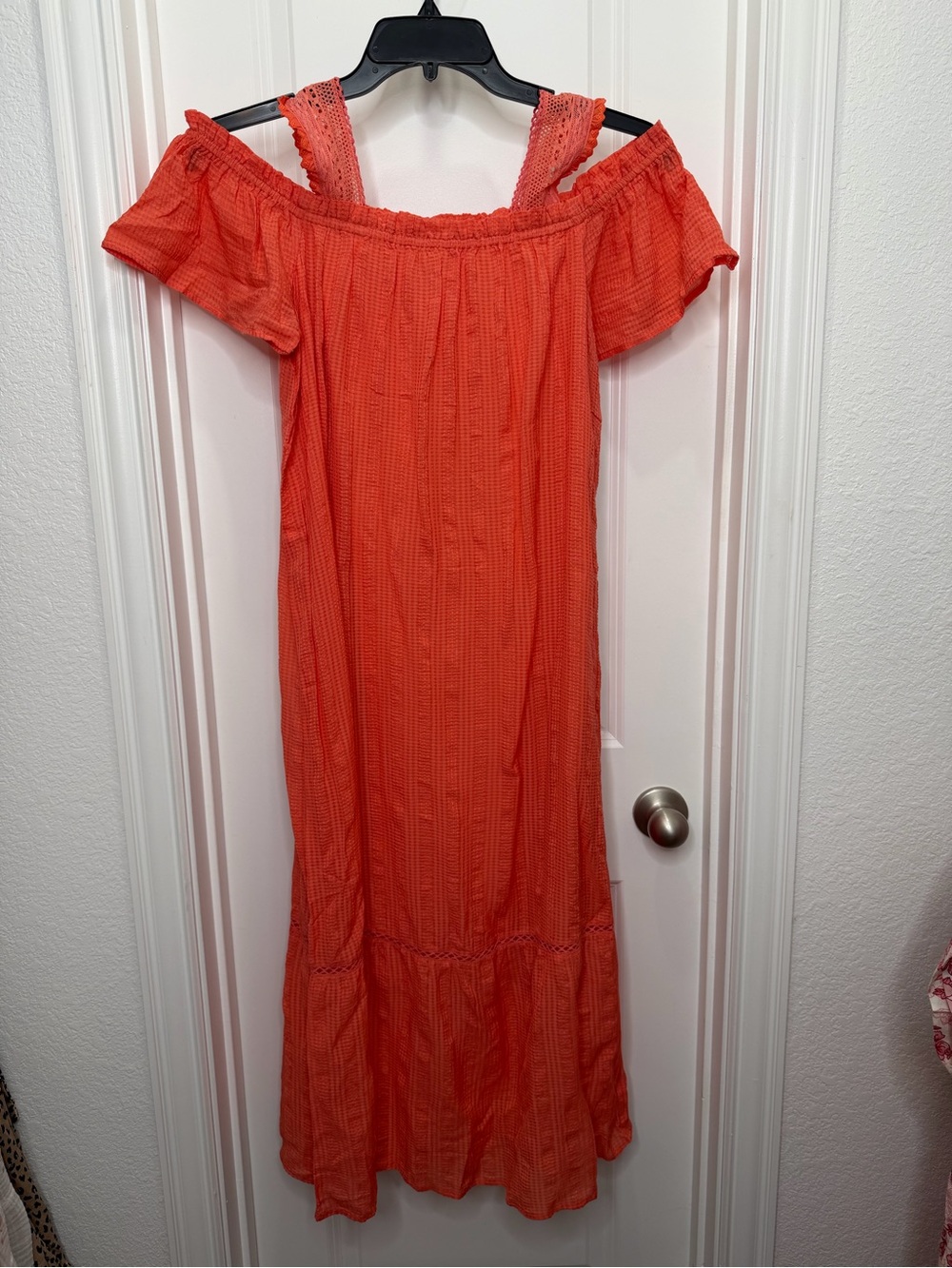 Banana Sustainable Fiber Anthropologie Off the Shoulder Midi Dress Coral Sz S